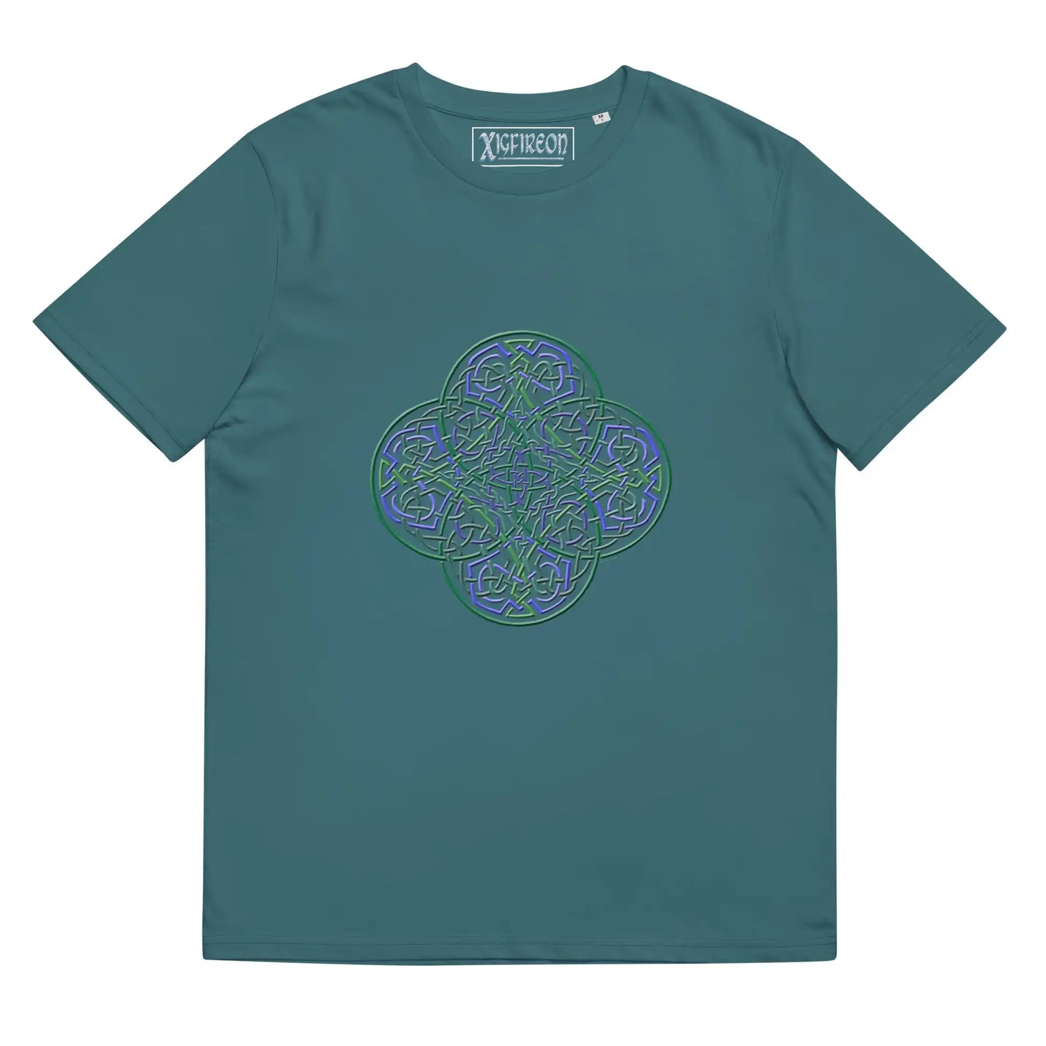 A stargazer Xigfireon graphic organic cotton t-shirt featuring the Living Colour iteration of the Reach Of The Spirit Celtic knot design. The Reach Of The Spirit Celtic knot represents our amazing Mother Earth.