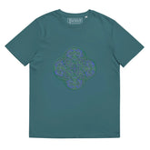A stargazer Xigfireon graphic organic cotton t-shirt featuring the Living Colour iteration of the Reach Of The Spirit Celtic knot design. The Reach Of The Spirit Celtic knot represents our amazing Mother Earth.