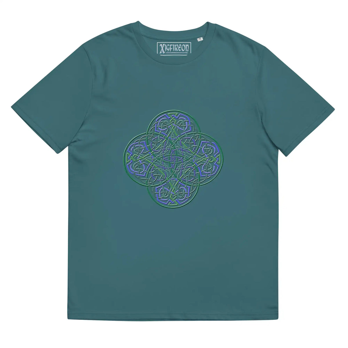 A stargazer Xigfireon graphic organic cotton t-shirt featuring the Living Colour iteration of the Reach Of The Spirit Celtic knot design. The Reach Of The Spirit Celtic knot represents our amazing Mother Earth.