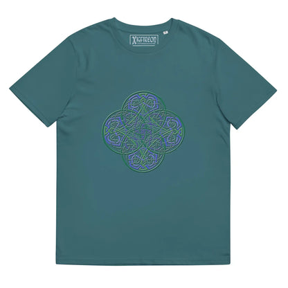 A stargazer Xigfireon graphic organic cotton t-shirt featuring the Living Colour iteration of the Reach Of The Spirit Celtic knot design. The Reach Of The Spirit Celtic knot represents our amazing Mother Earth.