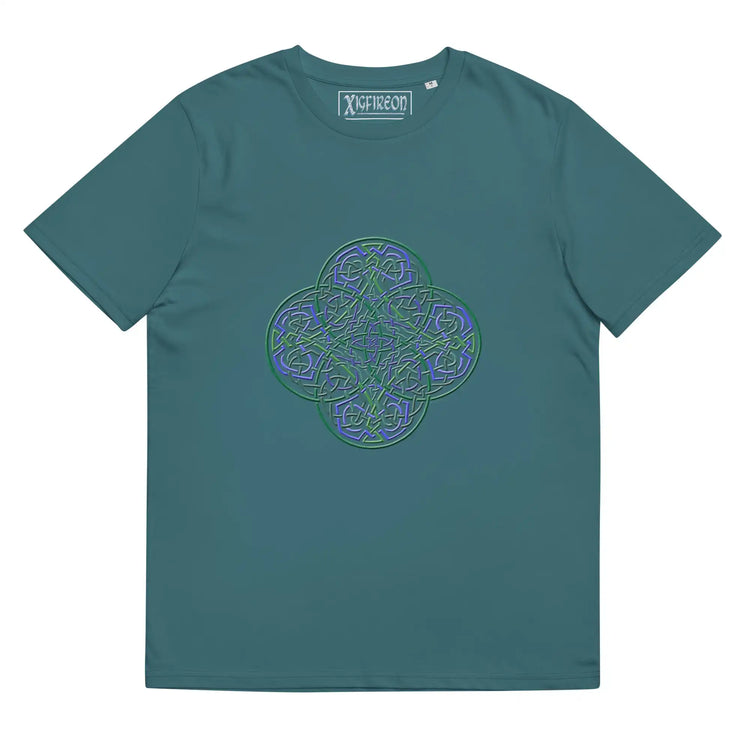 A stargazer Xigfireon graphic organic cotton t-shirt featuring the Living Colour iteration of the Reach Of The Spirit Celtic knot design. The Reach Of The Spirit Celtic knot represents our amazing Mother Earth.