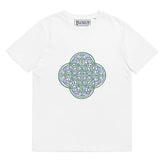 A white Xigfireon graphic organic cotton t-shirt featuring the Living Colour iteration of the Reach Of The Spirit Celtic knot design. The Reach Of The Spirit Celtic knot represents our amazing Mother Earth.
