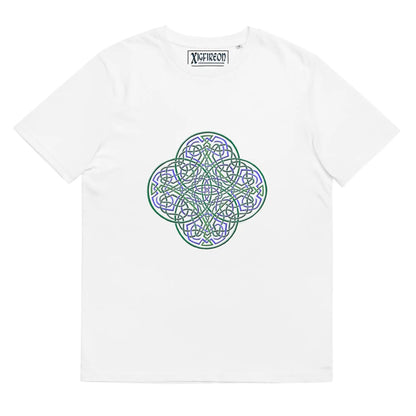A white Xigfireon graphic organic cotton t-shirt featuring the Living Colour iteration of the Reach Of The Spirit Celtic knot design. The Reach Of The Spirit Celtic knot represents our amazing Mother Earth.
