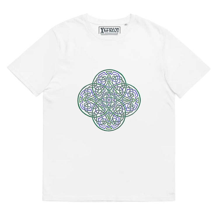 A white Xigfireon graphic organic cotton t-shirt featuring the Living Colour iteration of the Reach Of The Spirit Celtic knot design. The Reach Of The Spirit Celtic knot represents our amazing Mother Earth.