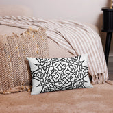The back side of a 20 inch by 12 inch Xigfireon pillowcase featuring the inverted Black & White Súmáilte iteration of the Morning Star Fire Celtic knot design. The Morning Star Fire Celtic knot symbolizes Father Sun.