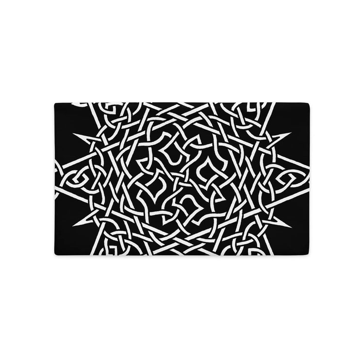 The front side of a 20 inch by 12 inch Xigfireon pillowcase featuring the Black & White Súmáilte iteration of the Morning Star Fire Celtic knot design. The Morning Star Fire Celtic knot symbolizes Father Sun.