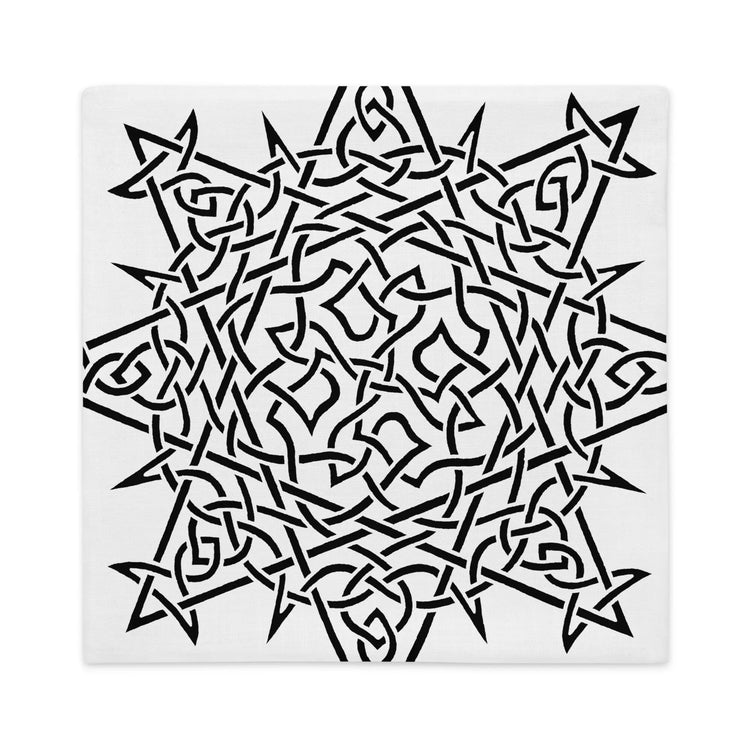 The back side of a 22 inch by 22 inch Xigfireon pillowcase featuring the inverted Black & White Súmáilte iteration of the Morning Star Fire Celtic knot design. The Morning Star Fire Celtic knot symbolizes Father Sun.