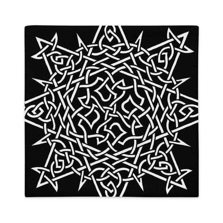 The front side of a 22 inch by 22 inch Xigfireon pillowcase featuring the Black & White Súmáilte iteration of the Morning Star Fire Celtic knot design. The Morning Star Fire Celtic knot represents Father Sun.