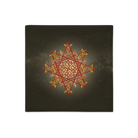 An 18 inch by 18 inch Xigfireon pillowcase featuring the Fire Colour iteration of the Morning Star Fire Celtic knot design, a symbol representing Father Sun.