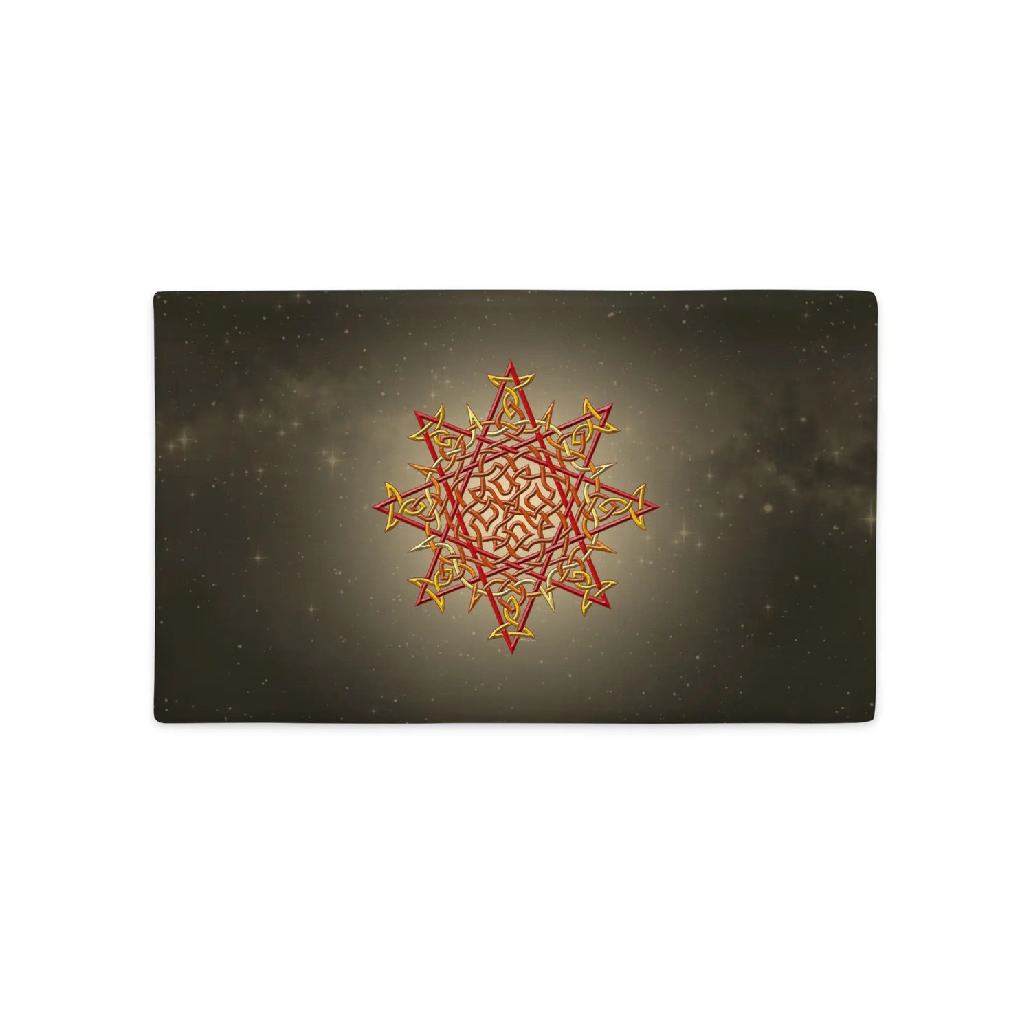 An 20 inch by 12 inch Xigfireon pillowcase featuring the Fire Colour iteration of the Morning Star Fire Celtic knot design, a symbol of the Sun.