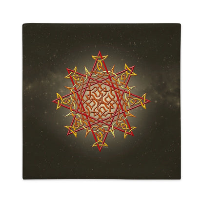 A 22 inch by 22 inch Xigfireon pillow case featuring the Fire Colour iteration of the Morning Star Fire Celtic knot design, which symbolizes our Sun.