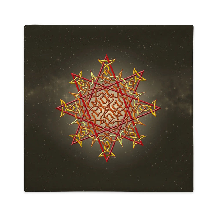A 22 inch by 22 inch Xigfireon pillow case featuring the Fire Colour iteration of the Morning Star Fire Celtic knot design, which symbolizes our Sun.