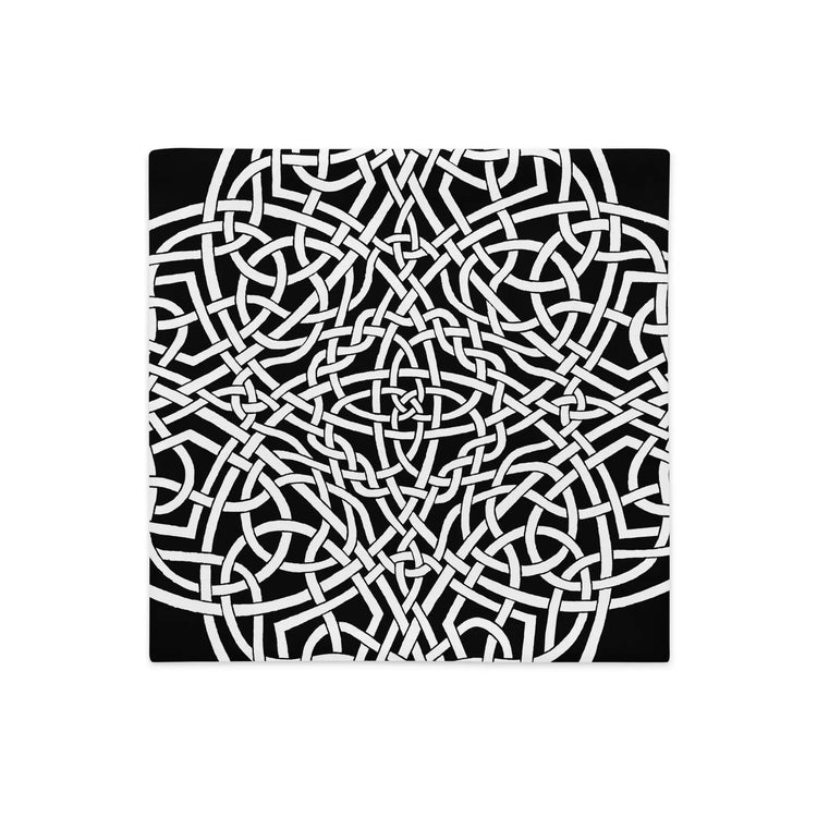 The front side of an 18 inch by 18 inch Xigfireon pillowcase featuring the Black & White Súmáilte iteration of the Reach Of The Spirit Celtic knot design. The Reach Of The Spirit Celtic knot represents Mother Earth.