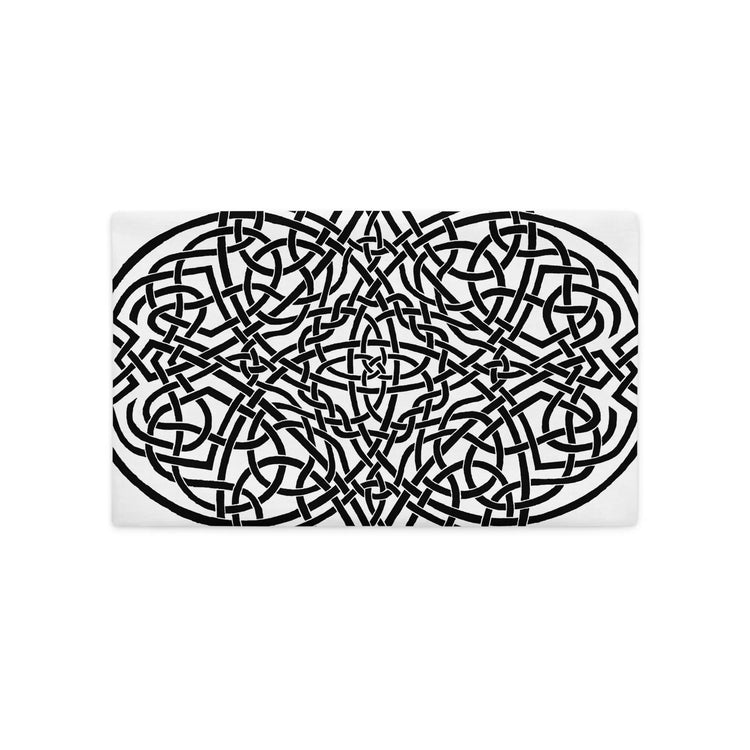 The back side of a 20 inch by 12 inch Xigfireon pillowcase featuring the inverted Black & White Súmáilte iteration of the Reach Of The Spirit Celtic knot design. The Reach Of The Spirit Celtic knot is an Earth symbol.