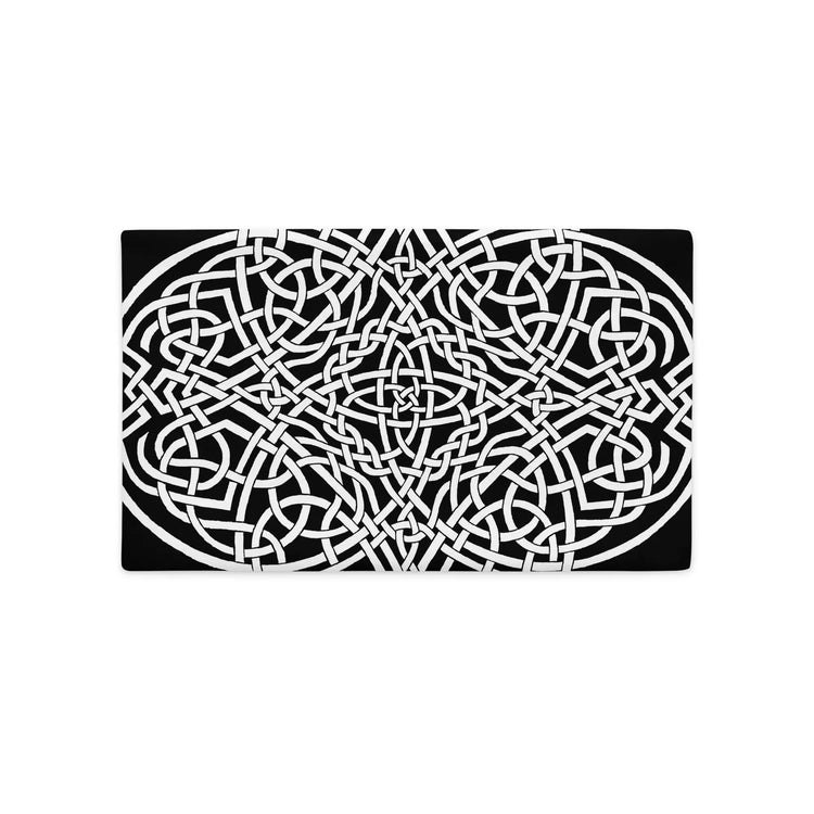 The front side of a 20 inch by 12 inch Xigfireon pillowcase featuring the Black & White Súmáilte iteration of the Reach Of The Spirit Celtic knot design. The Reach Of The Spirit Celtic knot represents Mother Earth.