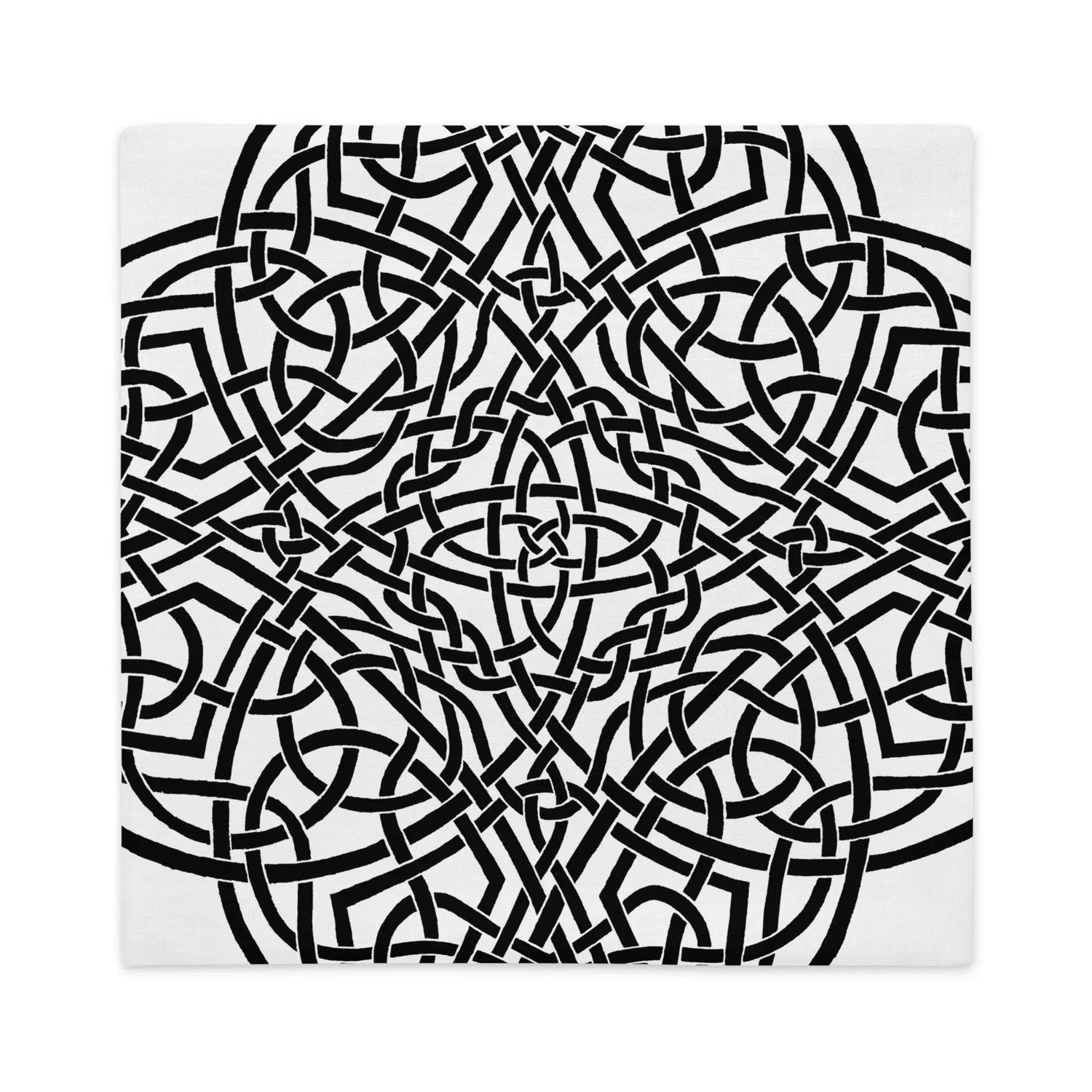 The back side of an 20 inch by 12 inch Xigfireon pillowcase featuring the inverted Black & White Súmáilte iteration of the Reach Of The Spirit Celtic knot design. The Reach Of The Spirit Celtic knot symbolizes Mother Earth.