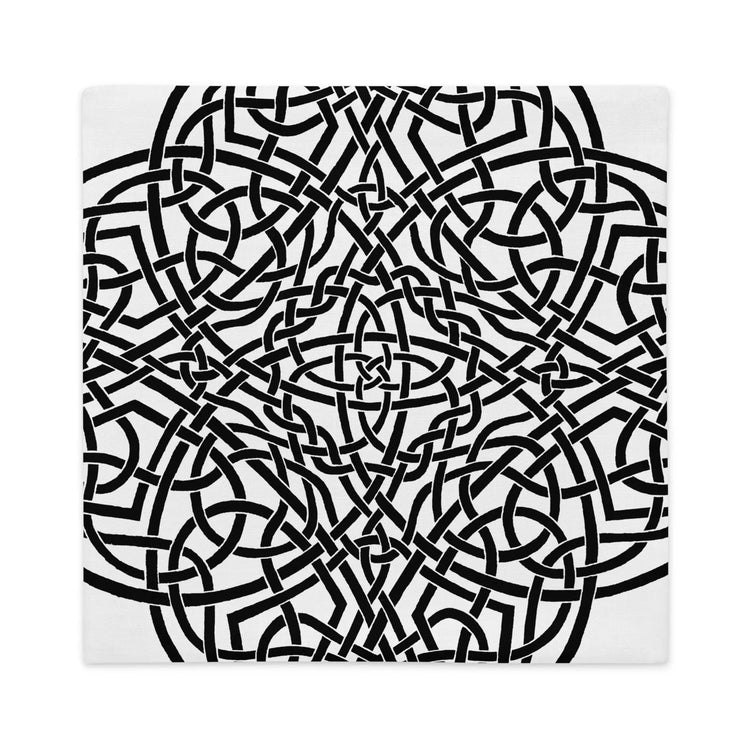 The back side of an 20 inch by 12 inch Xigfireon pillowcase featuring the inverted Black & White Súmáilte iteration of the Reach Of The Spirit Celtic knot design. The Reach Of The Spirit Celtic knot symbolizes Mother Earth.