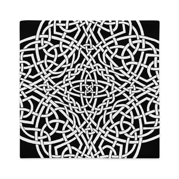 The front side of a 22 inch by 22 inch Xigfireon pillowcase featuring the Black & White Súmáilte iteration of the Reach Of The Spirit Celtic knot design, representing Mother Earth.