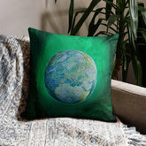 The front side of an 18 inch by 18 inch Xigfireon pillow case featuring the Deep Forest iteration of the Reach Of The Spirit Celtic knot design.