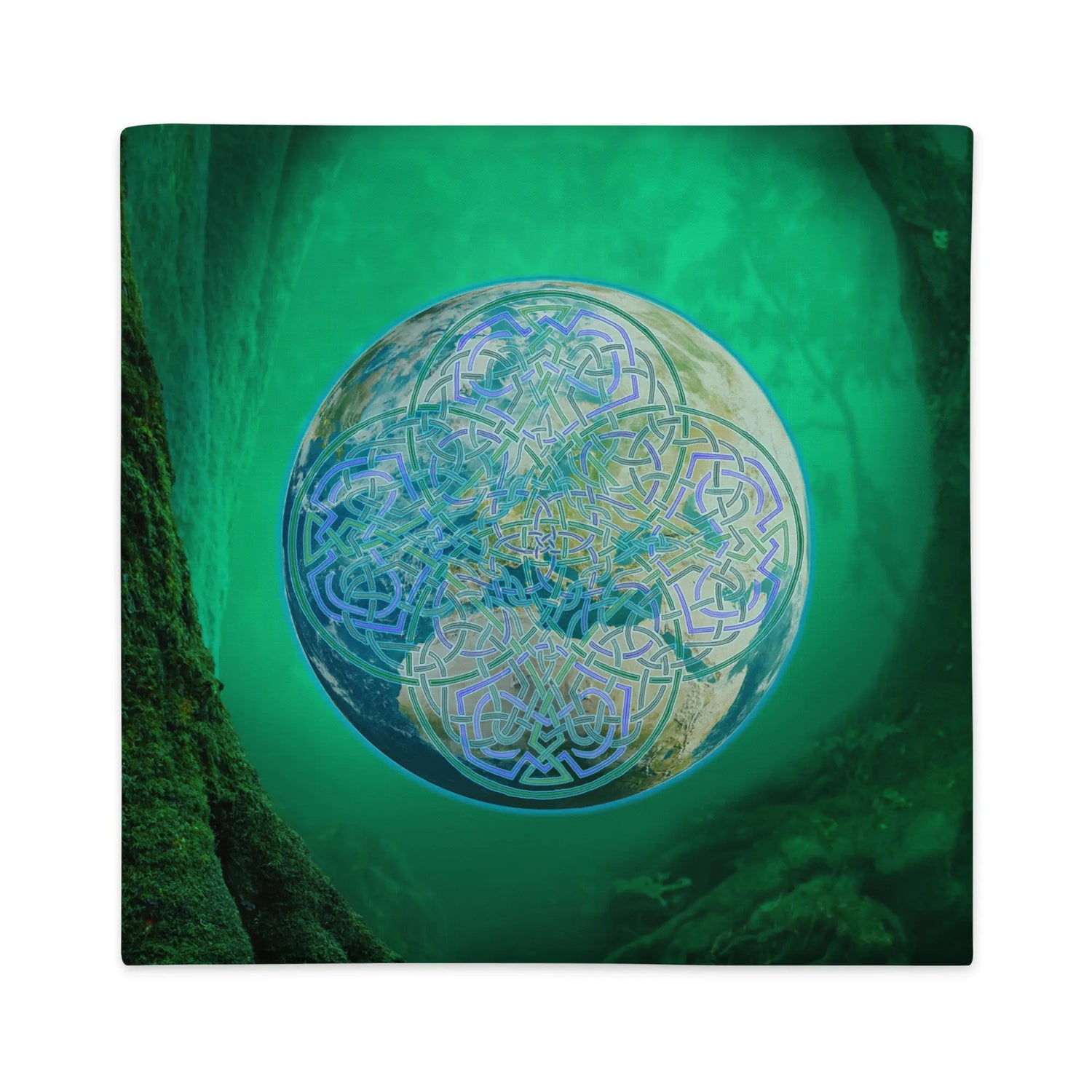 A 22 inch by 22 inch Xigfireon pillow case featuring the Deep Forest iteration of the Reach Of The Spirit Celtic knot design, a symbol representing Mother Earth.