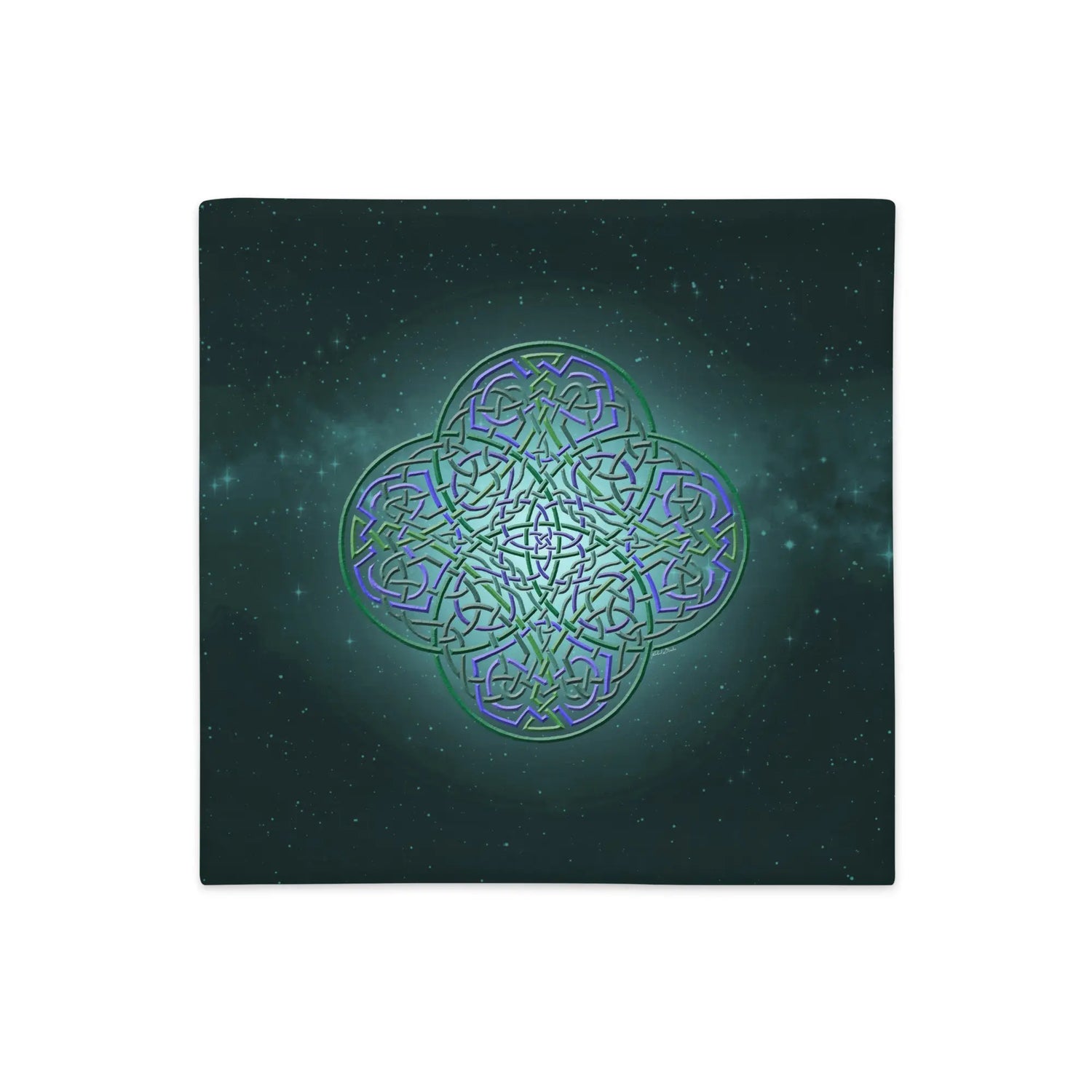 An 18 inch by 18 inch Xigfireon pillow case featuring the Living Colour iteration of the Reach Of The Spirit Celtic knot design, symbolizing Mother Earth.