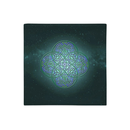 An 18 inch by 18 inch Xigfireon pillow case featuring the Living Colour iteration of the Reach Of The Spirit Celtic knot design, symbolizing Mother Earth.