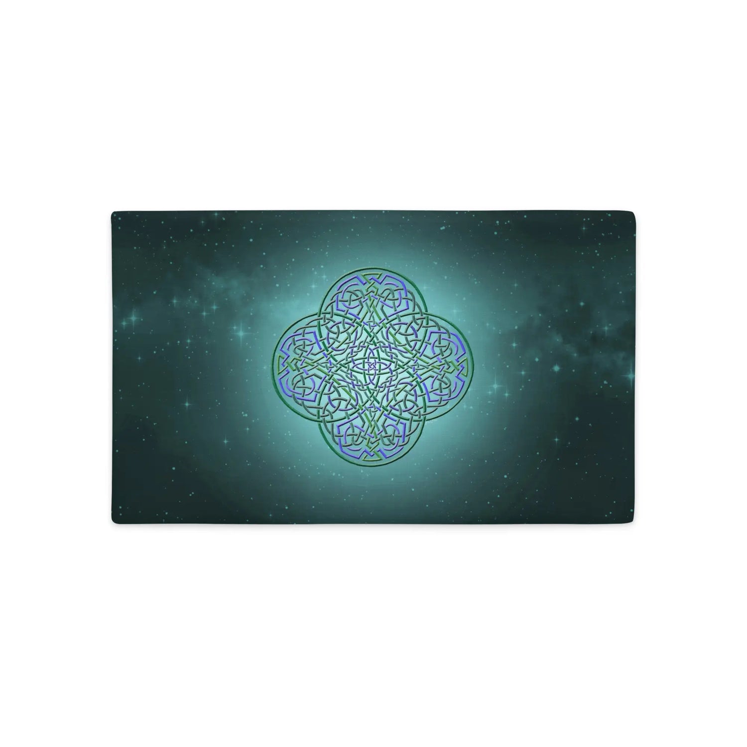 A 20 inch by 12 inch Xigfireon pillow case featuring the Living Colour iteration of the Reach Of The Spirit Celtic knot design, symbolizing Mother Earth.
