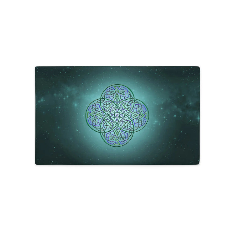 A 20 inch by 12 inch Xigfireon pillow case featuring the Living Colour iteration of the Reach Of The Spirit Celtic knot design, symbolizing Mother Earth.