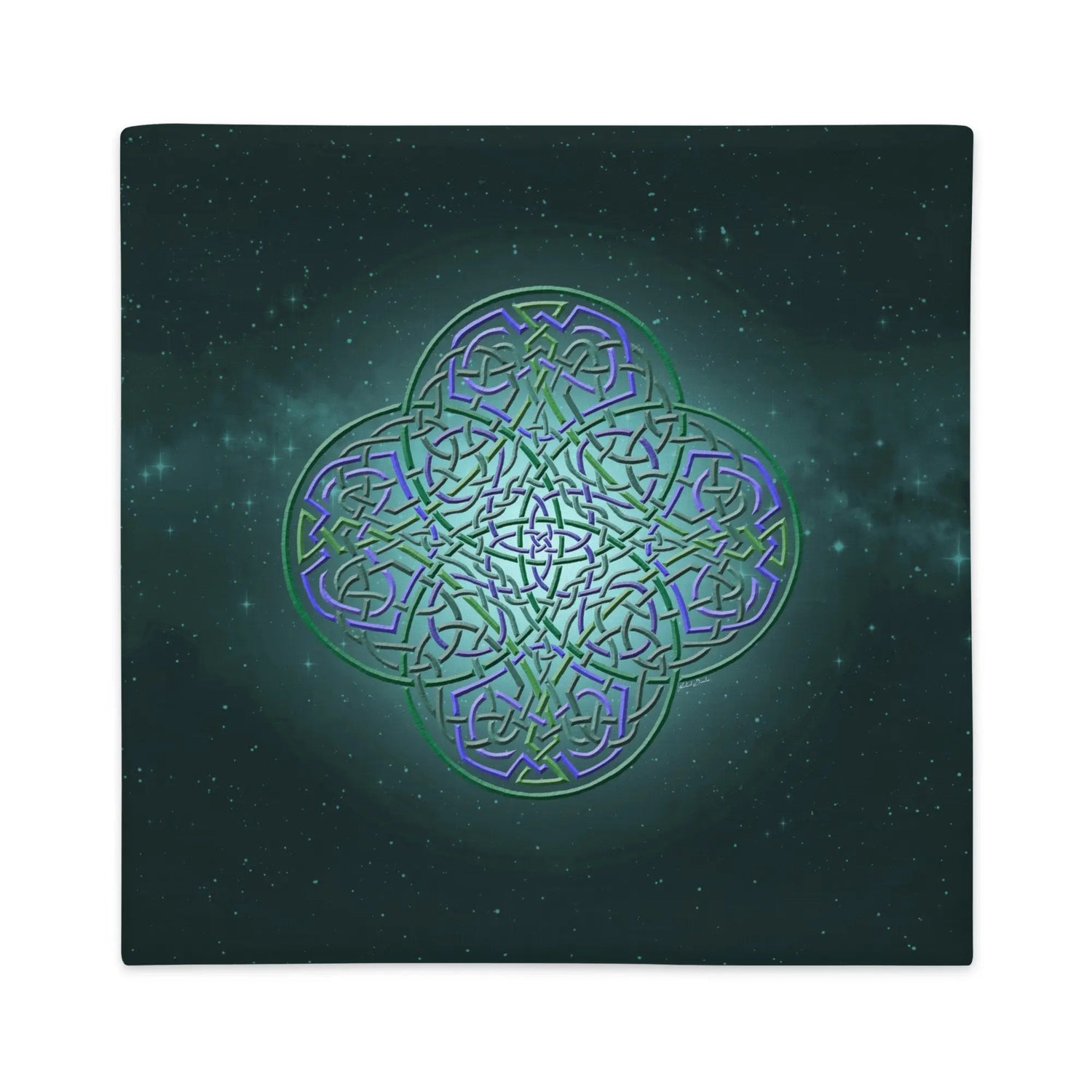 A 22 inch by 22 inch Xigfireon pillow case featuring the Living Colour iteration of the Reach Of The Spirit Celtic knot design, symbolizing Mother Earth.