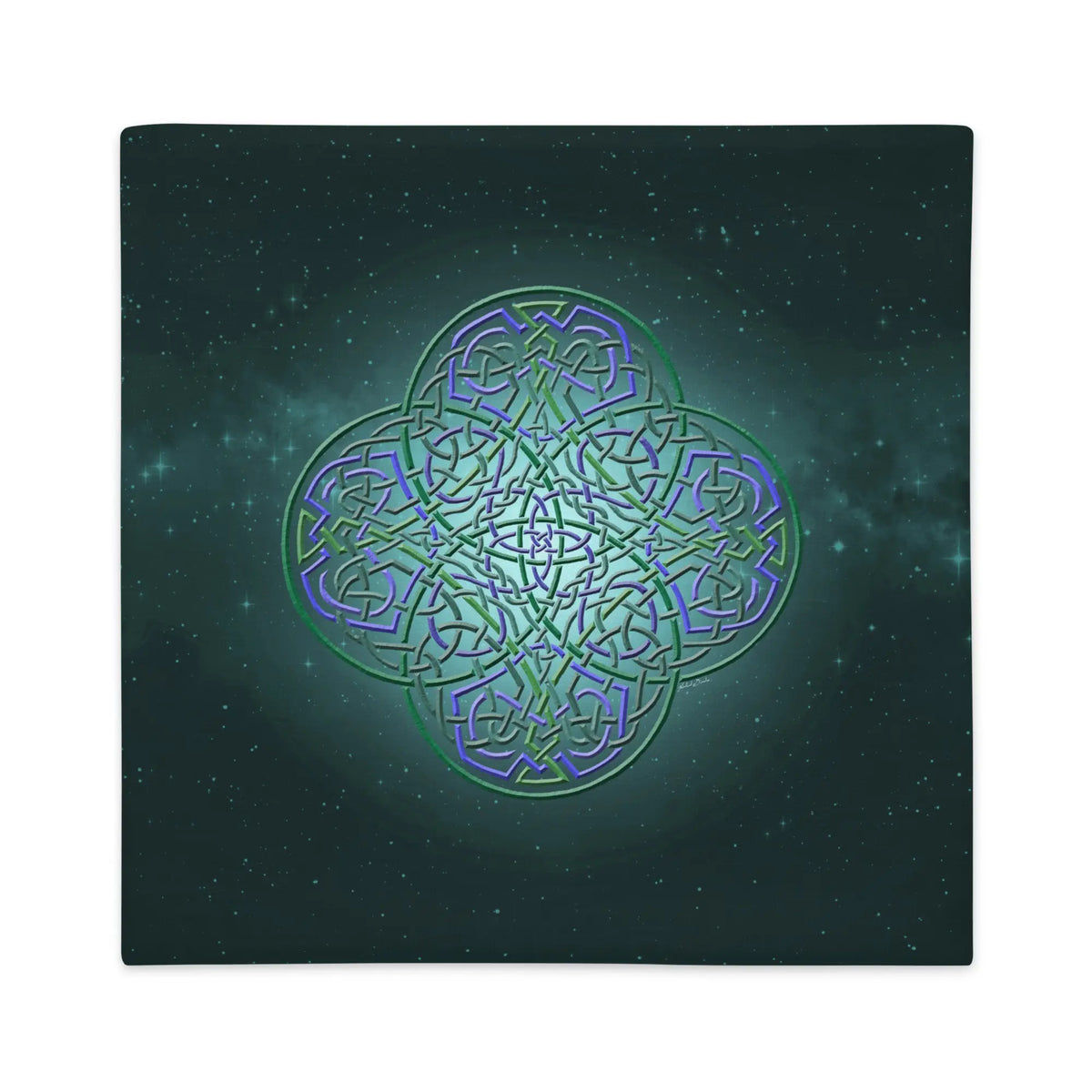 A 22 inch by 22 inch Xigfireon pillow case featuring the Living Colour iteration of the Reach Of The Spirit Celtic knot design, symbolizing Mother Earth.