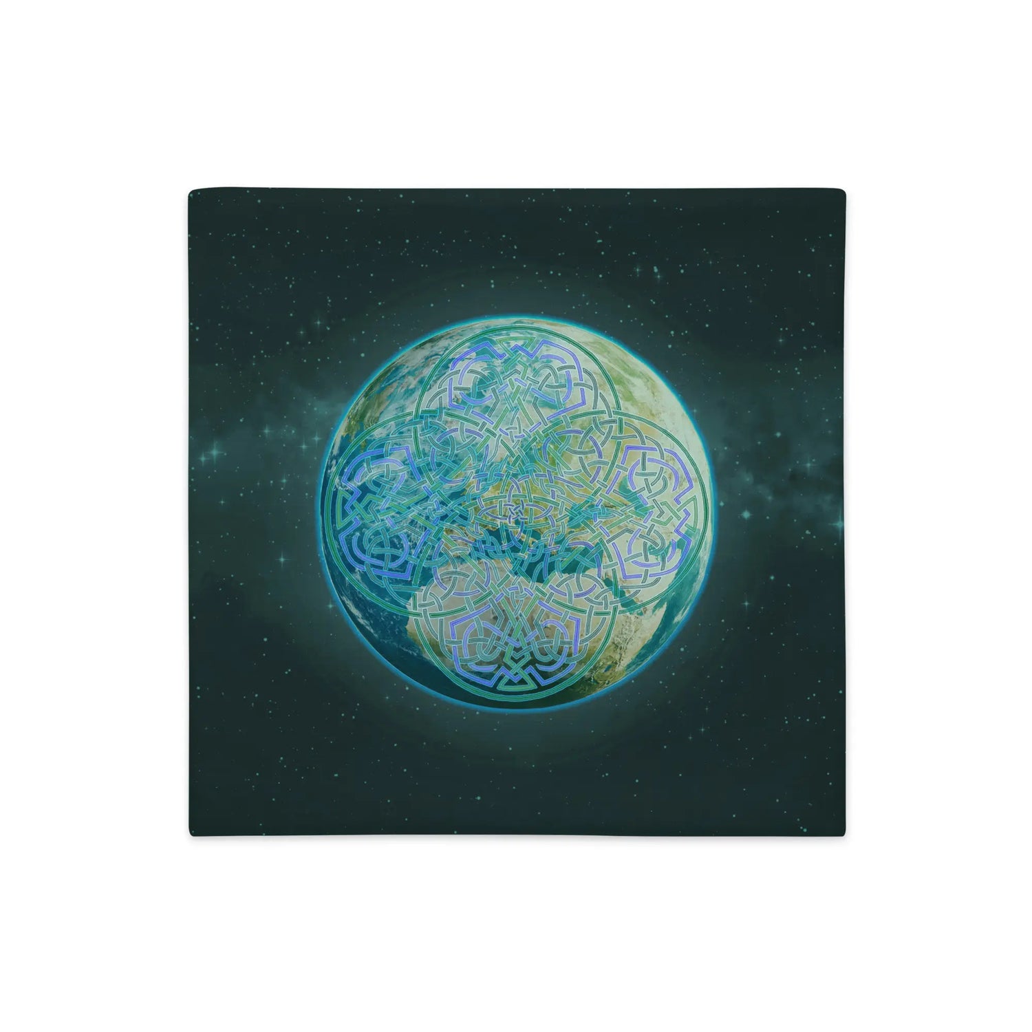 An 18 inch by 18 inch Xigfireon pillow case featuring the Sacred Planet iteration of the Reach Of The Spirit Celtic knot design, symbolizing Mother Earth.