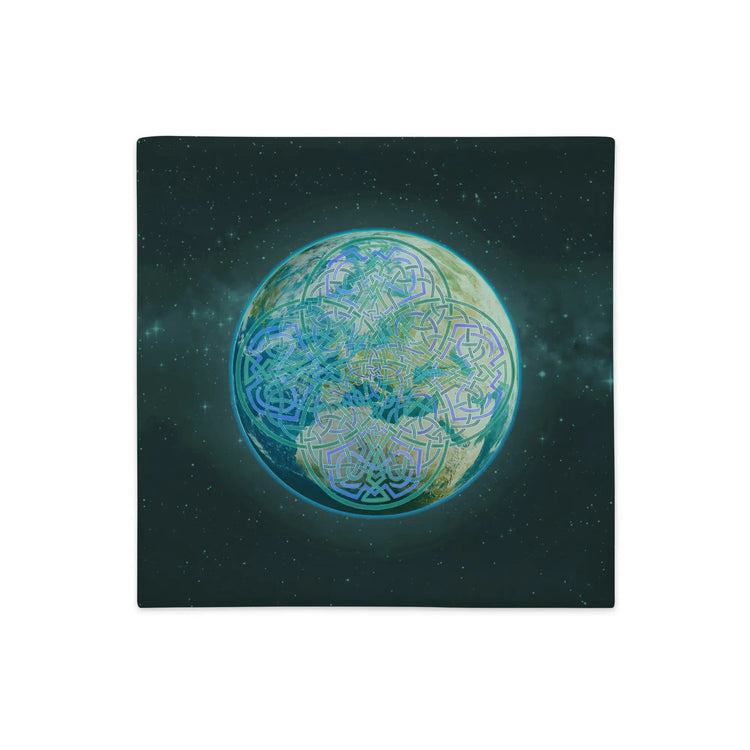 An 18 inch by 18 inch Xigfireon pillow case featuring the Sacred Planet iteration of the Reach Of The Spirit Celtic knot design, symbolizing Mother Earth.