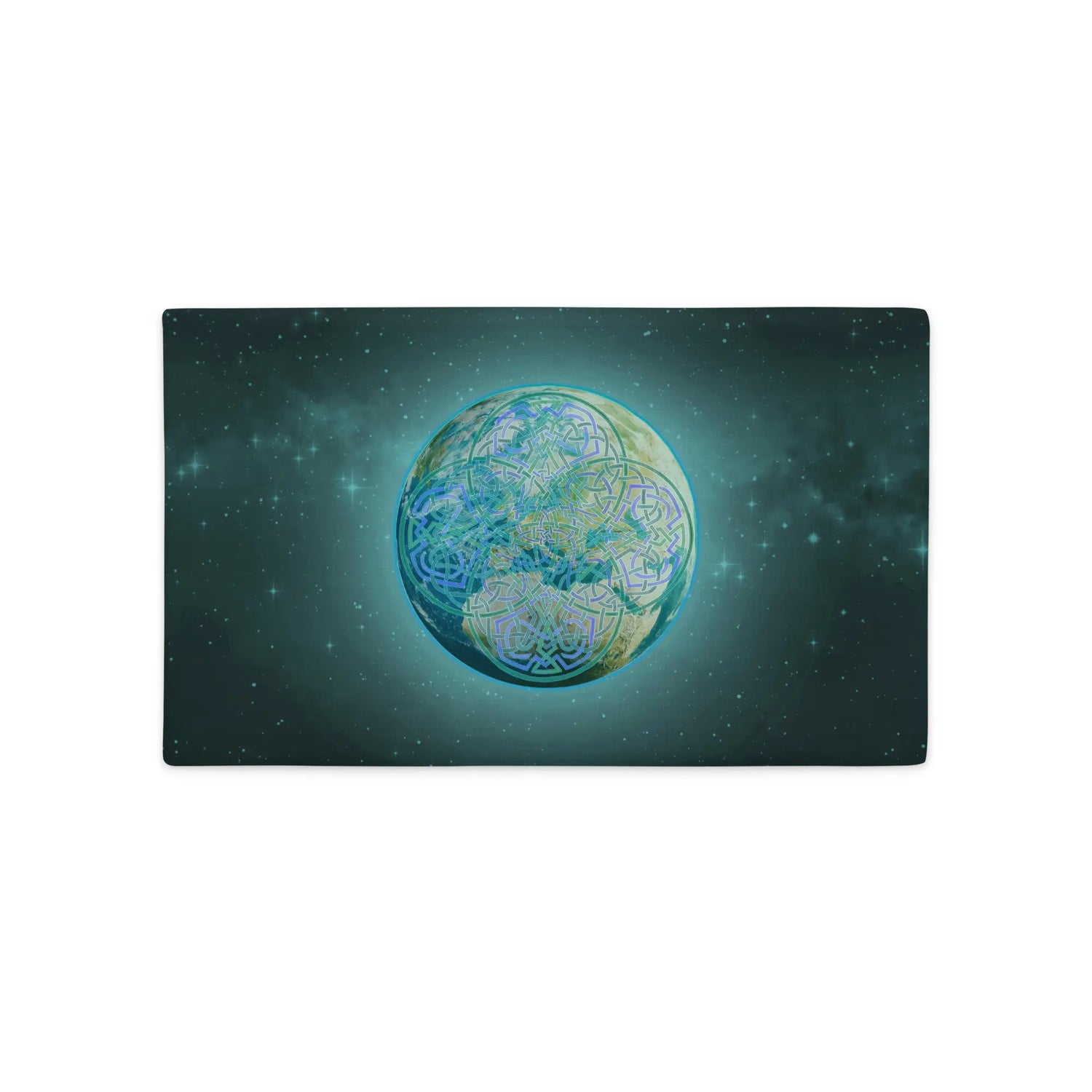 A 20 inch by 12 inch Xigfireon pillow case featuring the Sacred Planet iteration of the Reach Of The Spirit Celtic knot design, symbolizing Mother Earth.