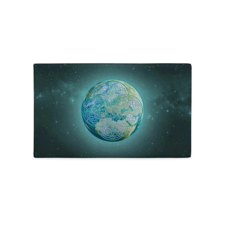 A 20 inch by 12 inch Xigfireon pillow case featuring the Sacred Planet iteration of the Reach Of The Spirit Celtic knot design, symbolizing Mother Earth.