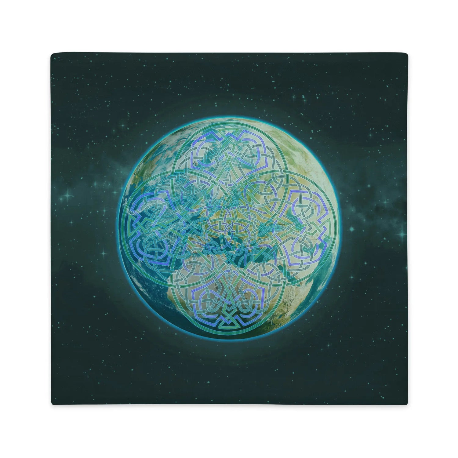 A 22 inch by 22 inch Xigfireon pillow case featuring the Sacred Planet iteration of the Reach Of The Spirit Celtic knot design, symbolizing Mother Earth.