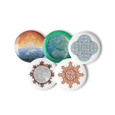 5 assorted 1.25 inch pin-back buttons featuring Morning Star Fire, Reach Of The Spirit, and Derivation II Celtic knot designs.