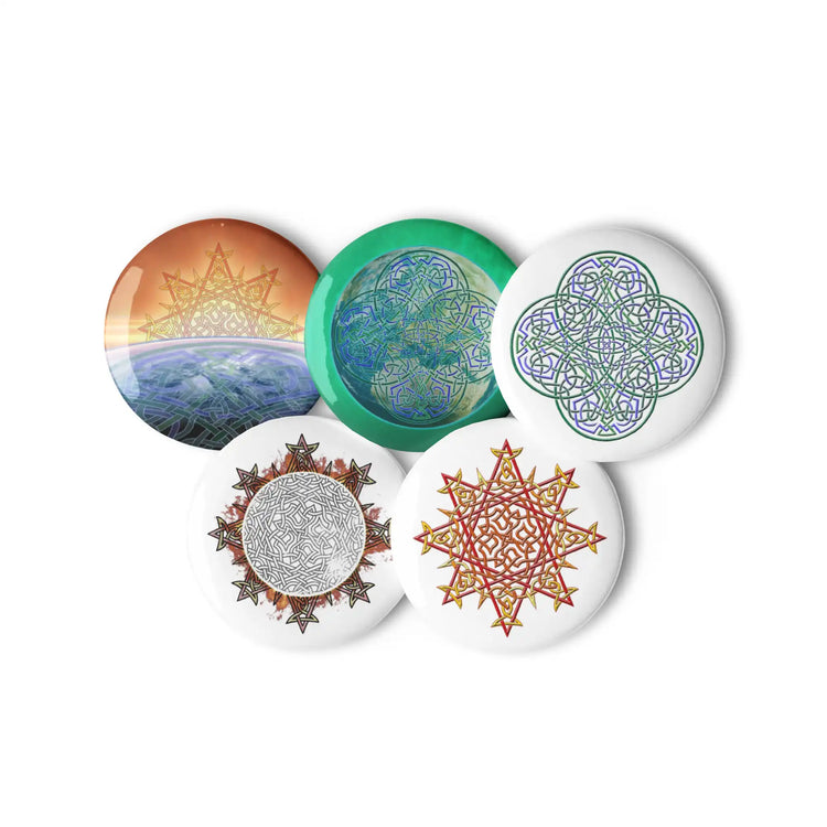 5 assorted 1.25 inch pin-back buttons featuring Morning Star Fire, Reach Of The Spirit, and Derivation II Celtic knot designs.