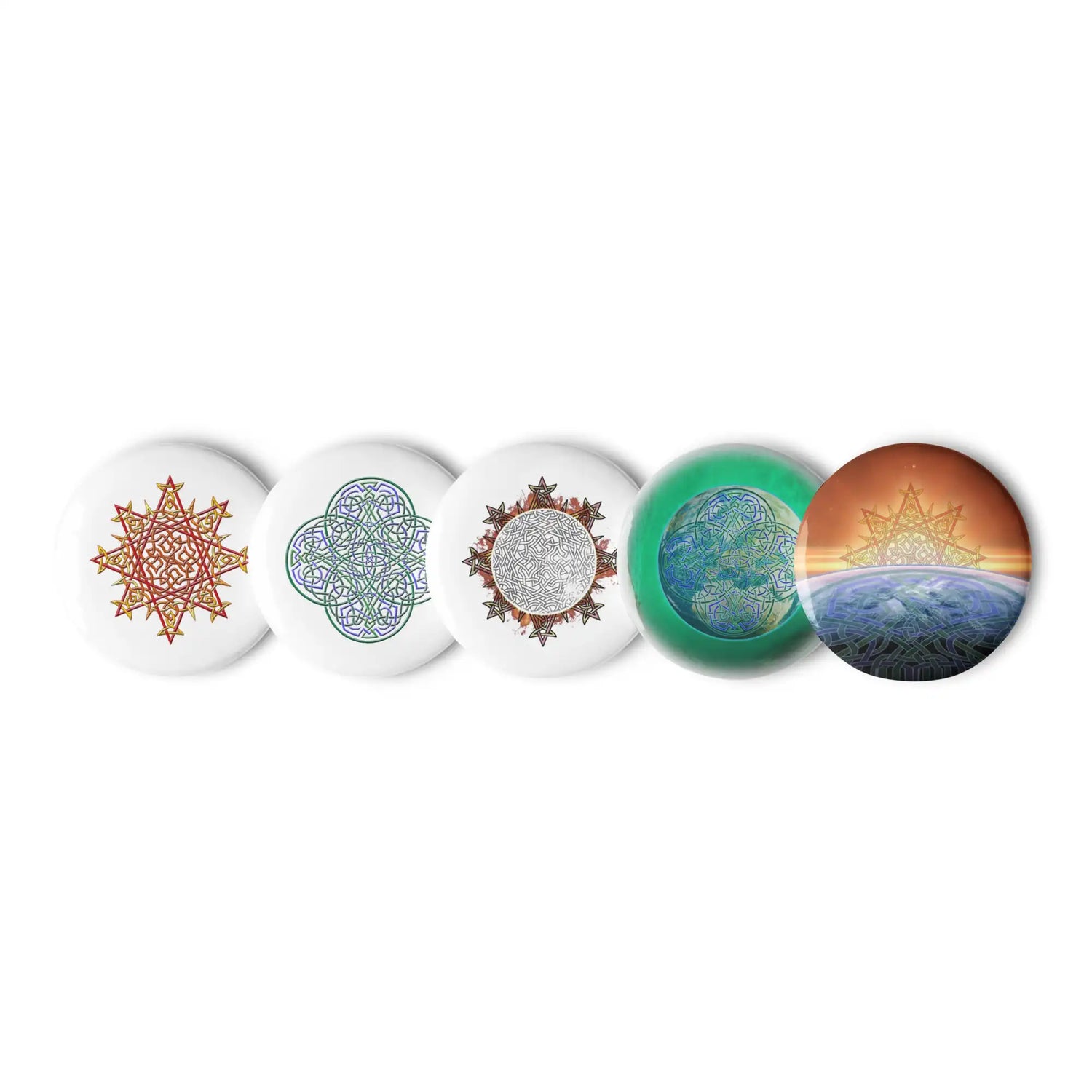 5 assorted 2.25 inch pin-back buttons featuring Morning Star Fire, Reach Of The Spirit, and Derivation II Celtic knot designs.