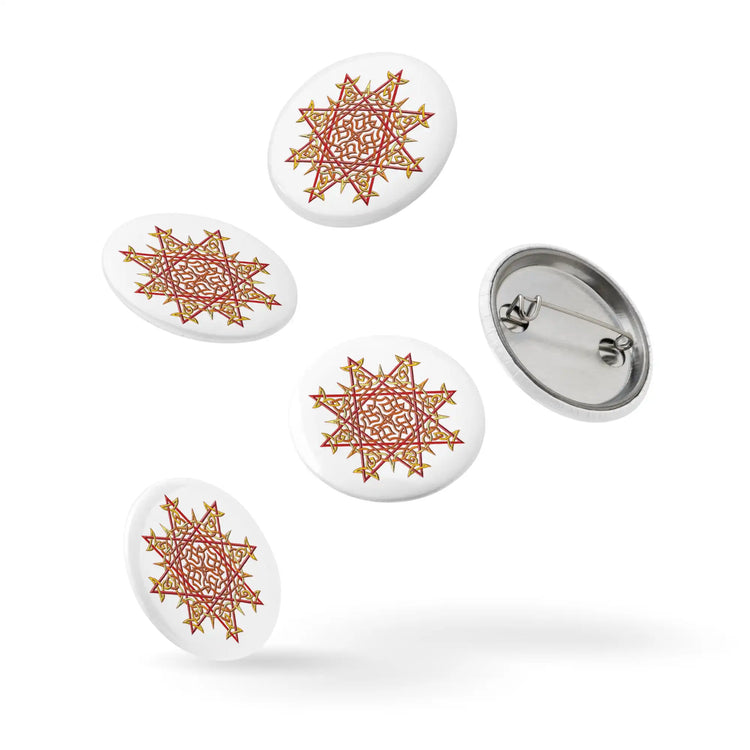 A set of 5 1.25" pin-back buttons featuring the Fire Colour iteration of the Morning Star Fire Celtic knot design.