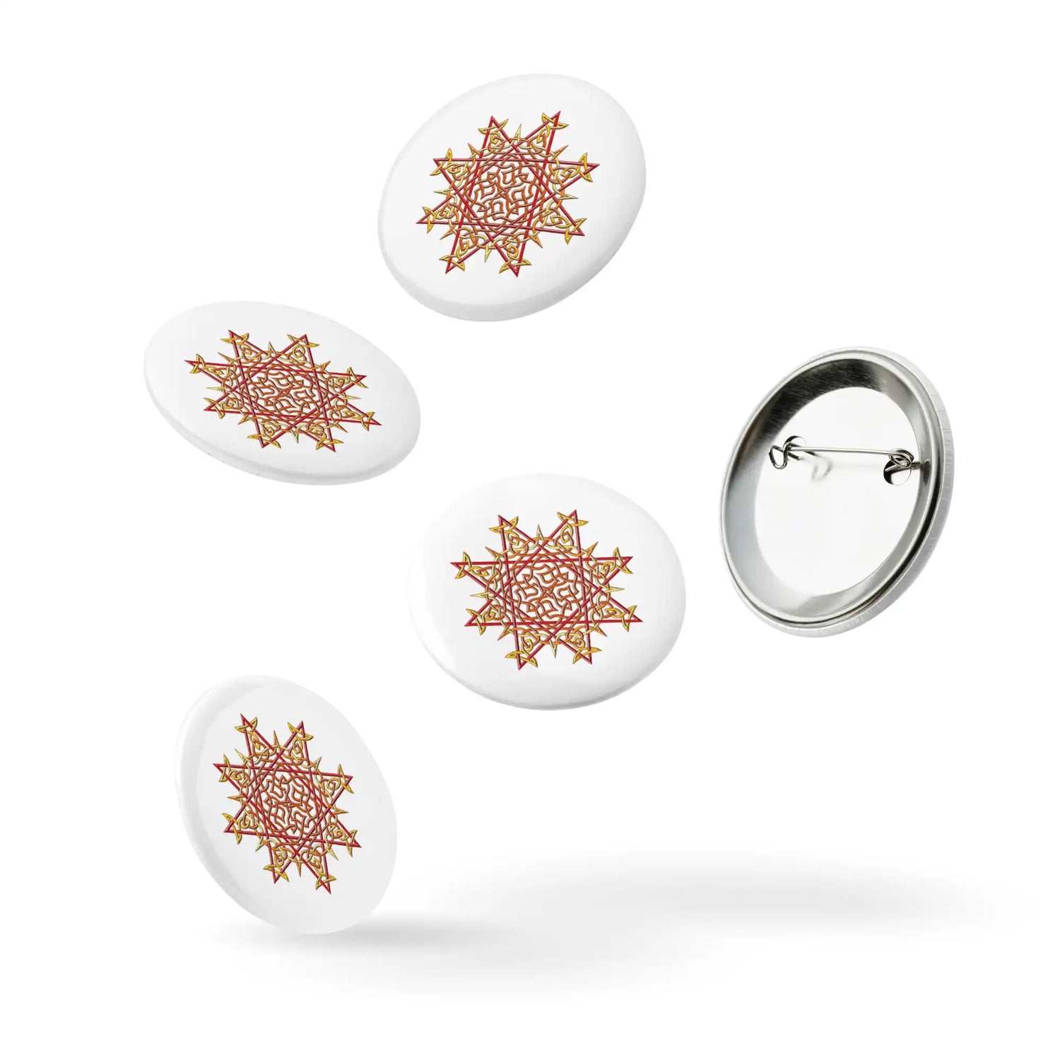 A set of 5 2.25" pin-back buttons featuring the Fire Colour iteration of the Morning Star Fire Celtic knot design.