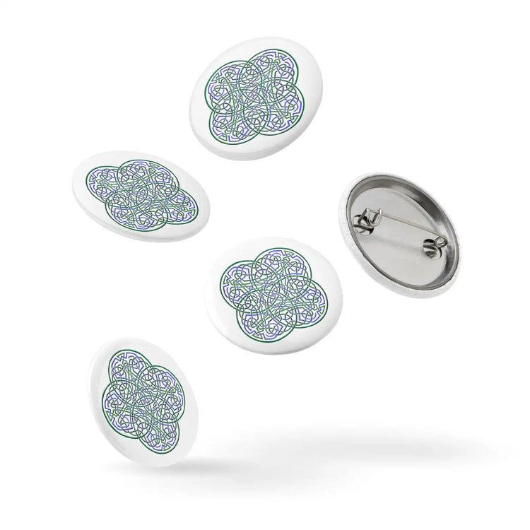 A set of 5 1.25" pin-back buttons featuring the Living Colour iteration of the Reach Of The Spirit Celtic knot design.