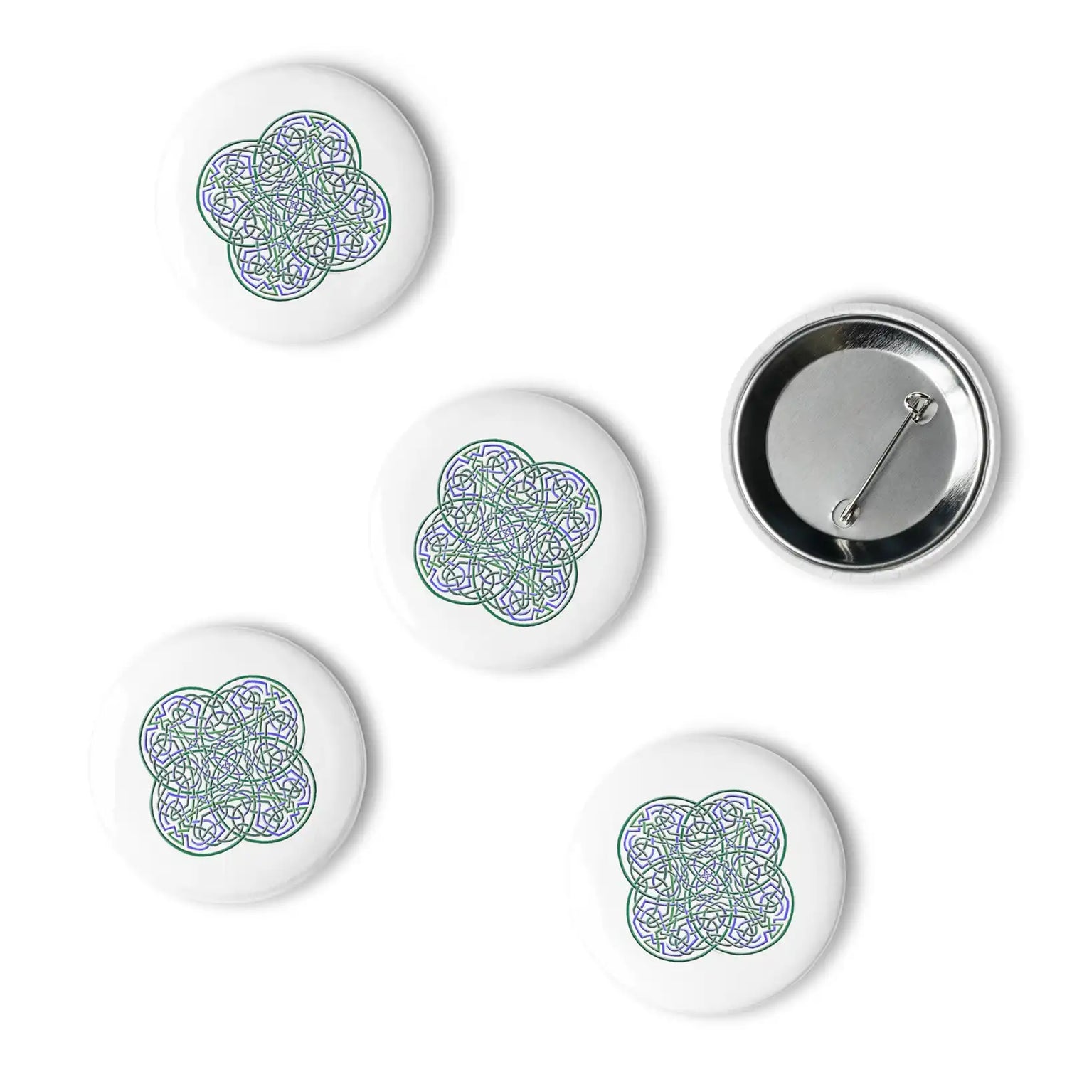 A set of 5 2.25" pin-back buttons featuring the Living Colour iteration of the Reach Of The Spirit Celtic knot design.
