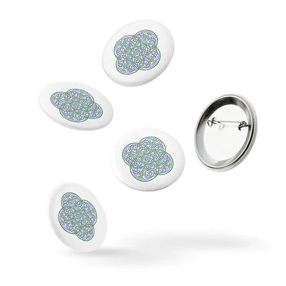 A set of 5 2.25" pin-back buttons featuring the Living Colour iteration of the Reach Of The Spirit Celtic knot design.
