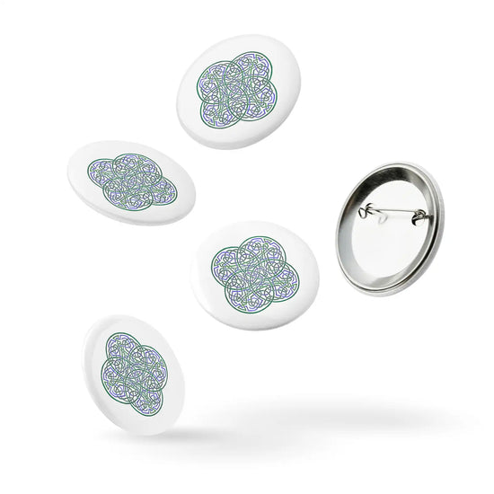 A set of 5 2.25" pin-back buttons featuring the Living Colour iteration of the Reach Of The Spirit Celtic knot design.