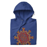 A folded team royal blue Xigfireon graphic hoodie featuring the Fire Colour iteration of the Morning Star Fire Celtic knot design. The Morning Star Fire Celtic knot represents our glorious Sun.
