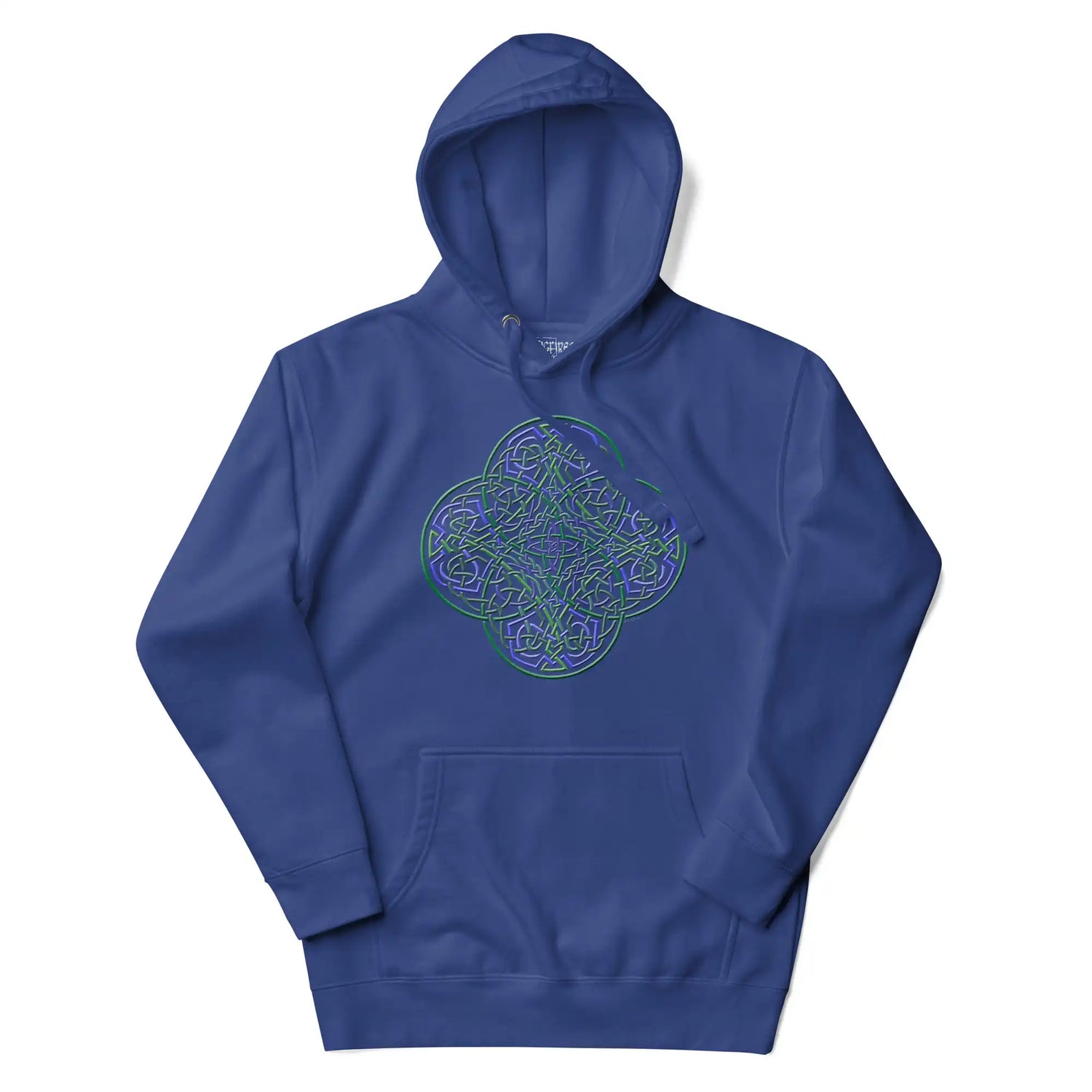 A team royal blue Xigfireon graphic hoodie featuring the Living Colour iteration of the Reach Of The Spirit Celtic knot design. The Reach Of The Spirit Celtic knot symbolizes our wonderful Mother Earth.