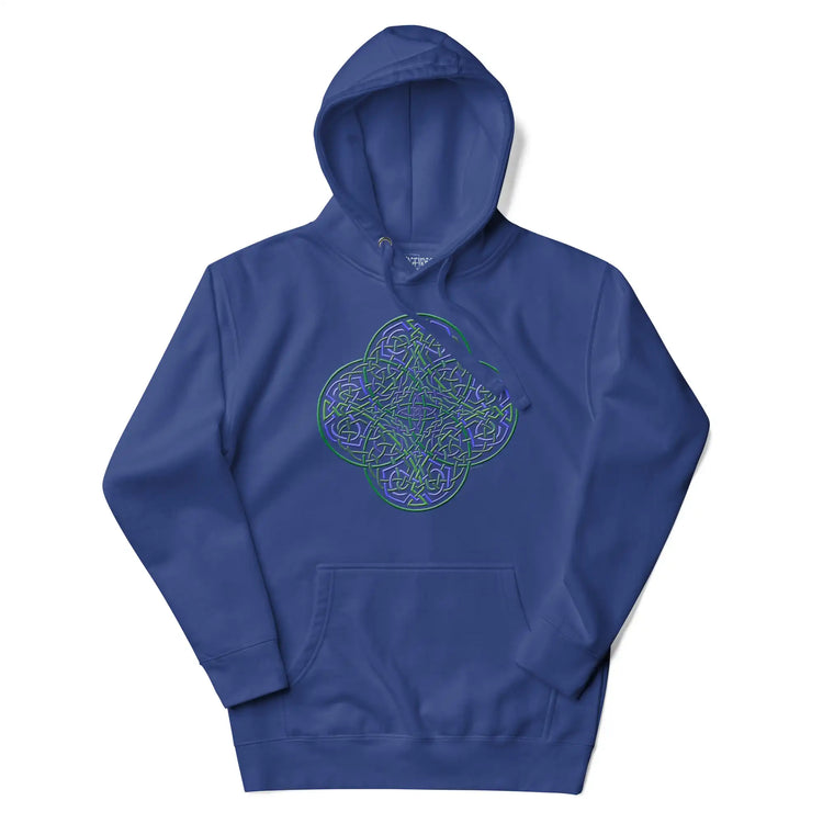 A team royal blue Xigfireon graphic hoodie featuring the Living Colour iteration of the Reach Of The Spirit Celtic knot design. The Reach Of The Spirit Celtic knot symbolizes our wonderful Mother Earth.