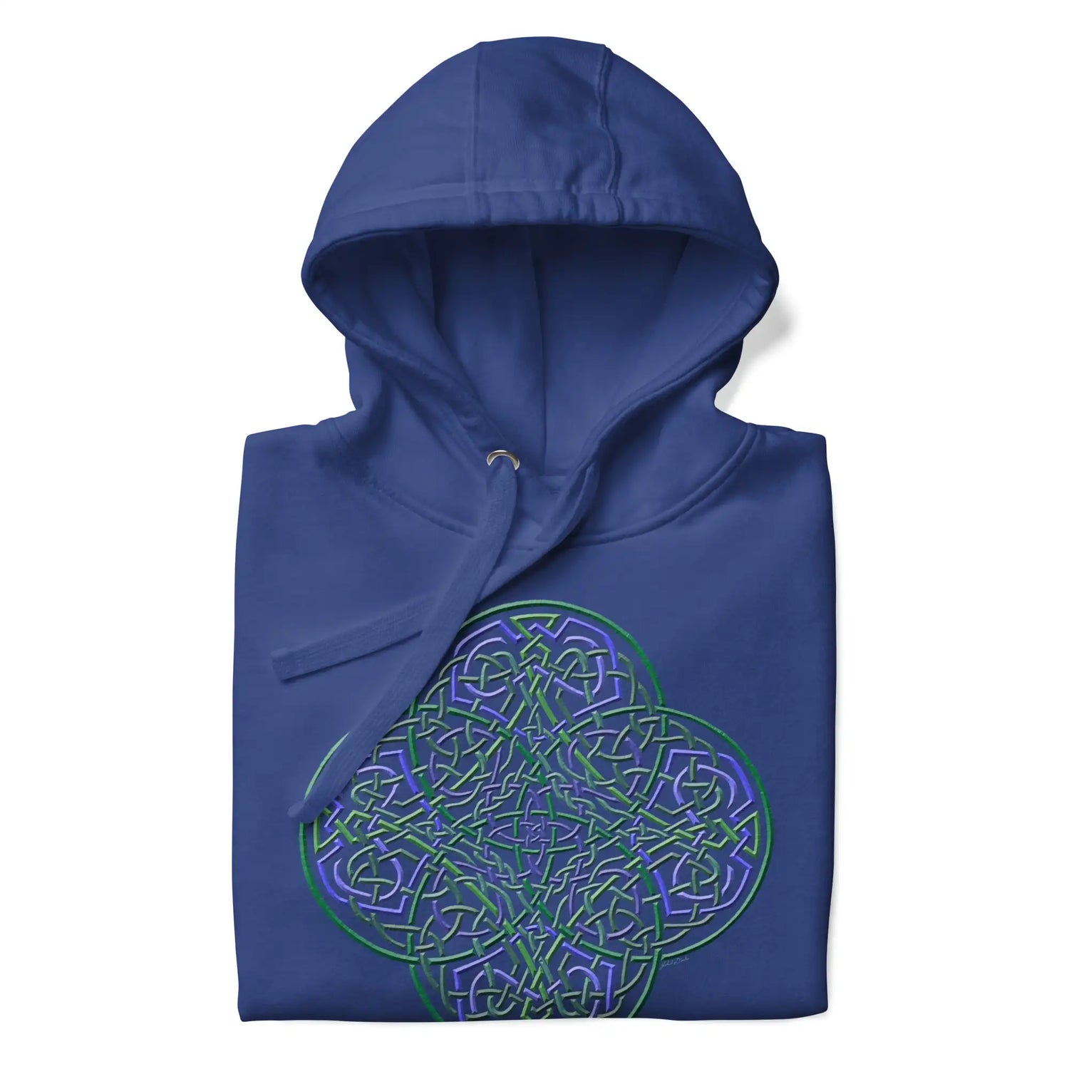 A folded team royal blue Xigfireon graphic hoodie featuring the Living Colour iteration of the Reach Of The Spirit Celtic knot design. The Reach Of The Spirit Celtic knot symbolizes our wonderful Mother Earth.