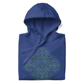 A folded team royal blue Xigfireon graphic hoodie featuring the Living Colour iteration of the Reach Of The Spirit Celtic knot design. The Reach Of The Spirit Celtic knot symbolizes our wonderful Mother Earth.