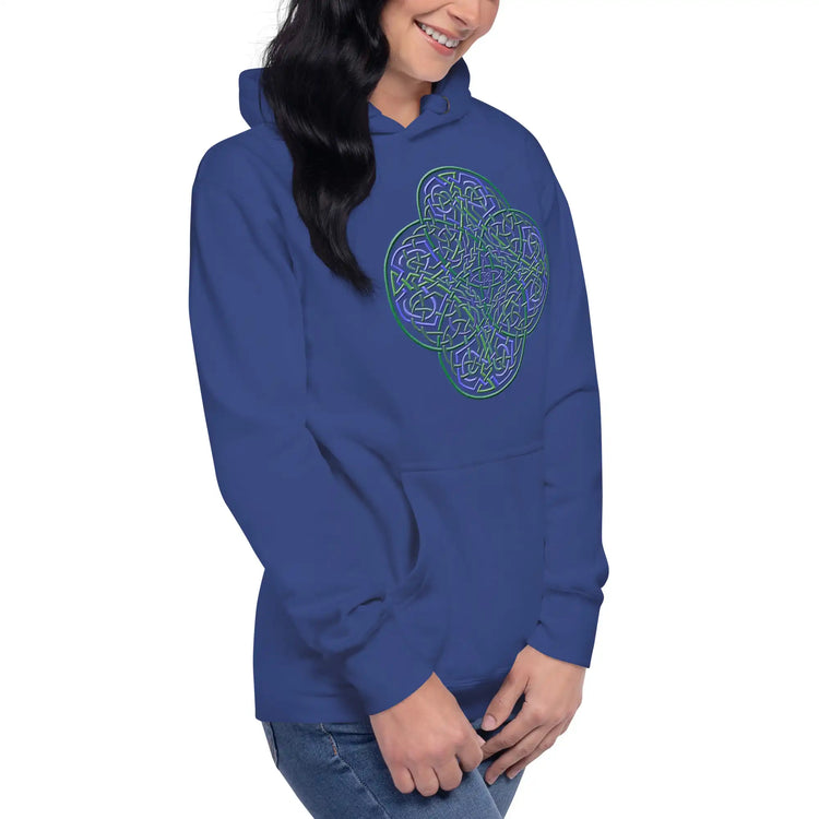 A young woman wearing a team royal blue Xigfireon graphic hoodie featuring the Living Colour iteration of the Reach Of The Spirit Celtic knot design. The Reach Of The Spirit Celtic knot symbolizes our wonderful Mother Earth.